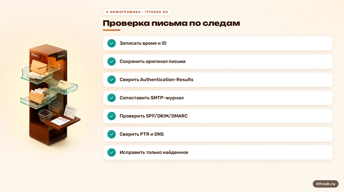 Проверка письма по заголовкам, SMTP-журналу, DNS и результатам аутентификации
