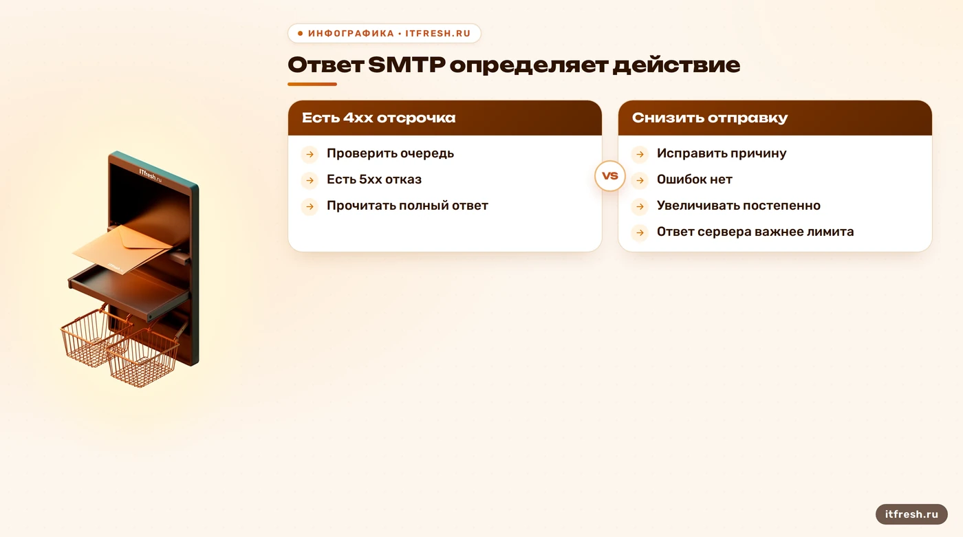 Дерево действий при временном SMTP-отказе, постоянной ошибке или успешной доставке.