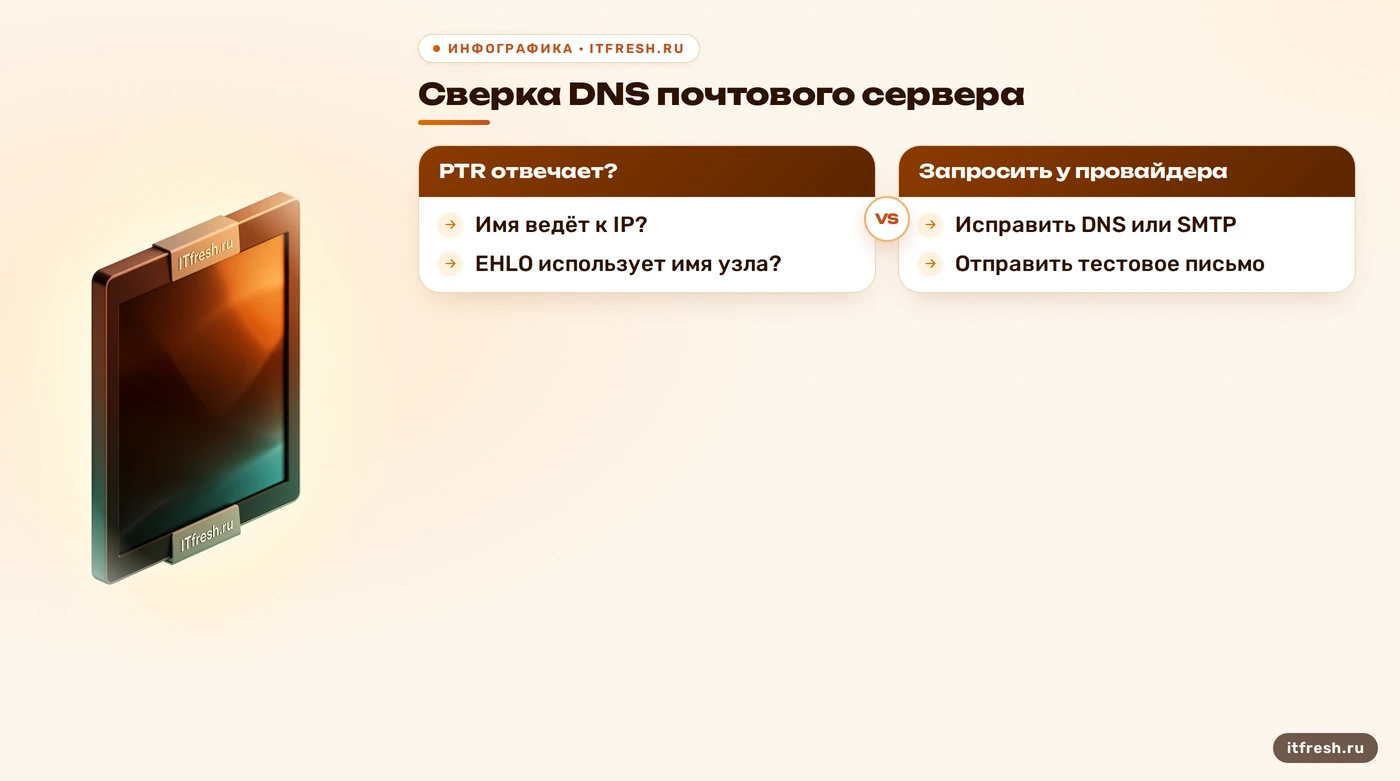 Дерево проверки PTR, прямой DNS и имени EHLO перед тестом почты