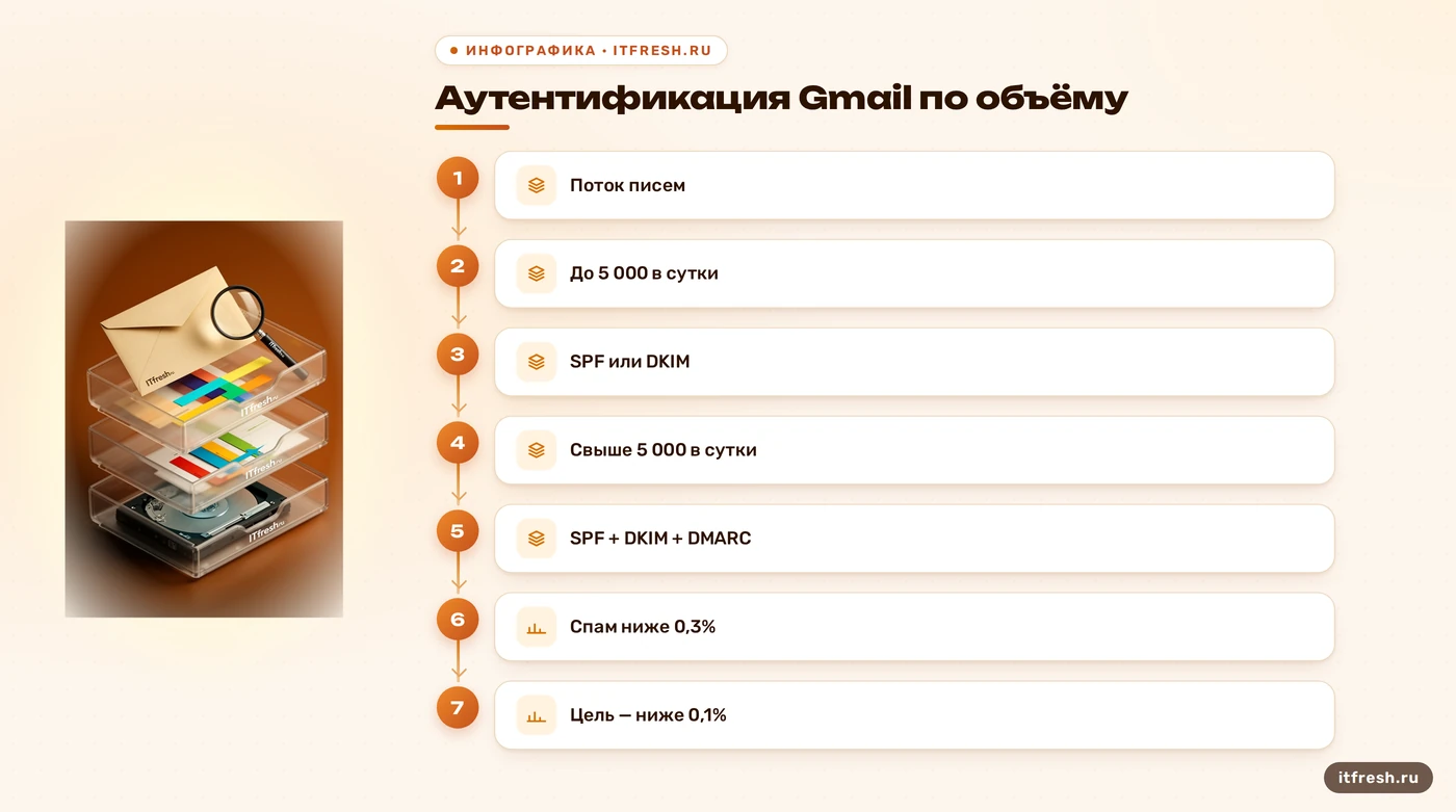Схема требований Gmail к аутентификации и жалобам для разных объёмов отправки.