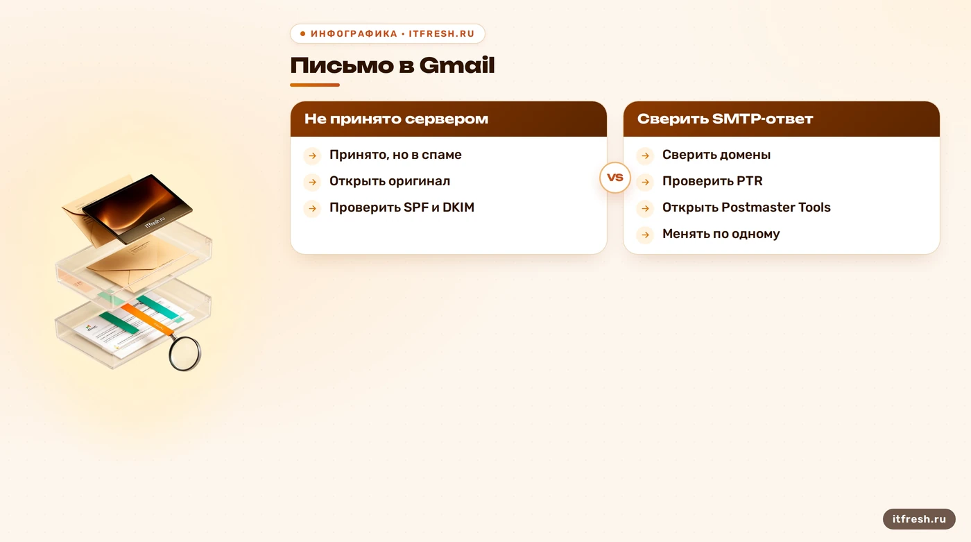 Дерево шагов для поиска причины отказа или помещения письма Gmail в спам.