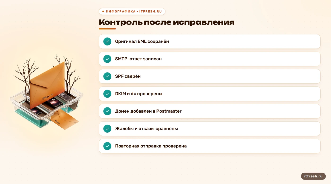 Проверки исходного письма, DNS и Postmaster после исправлений