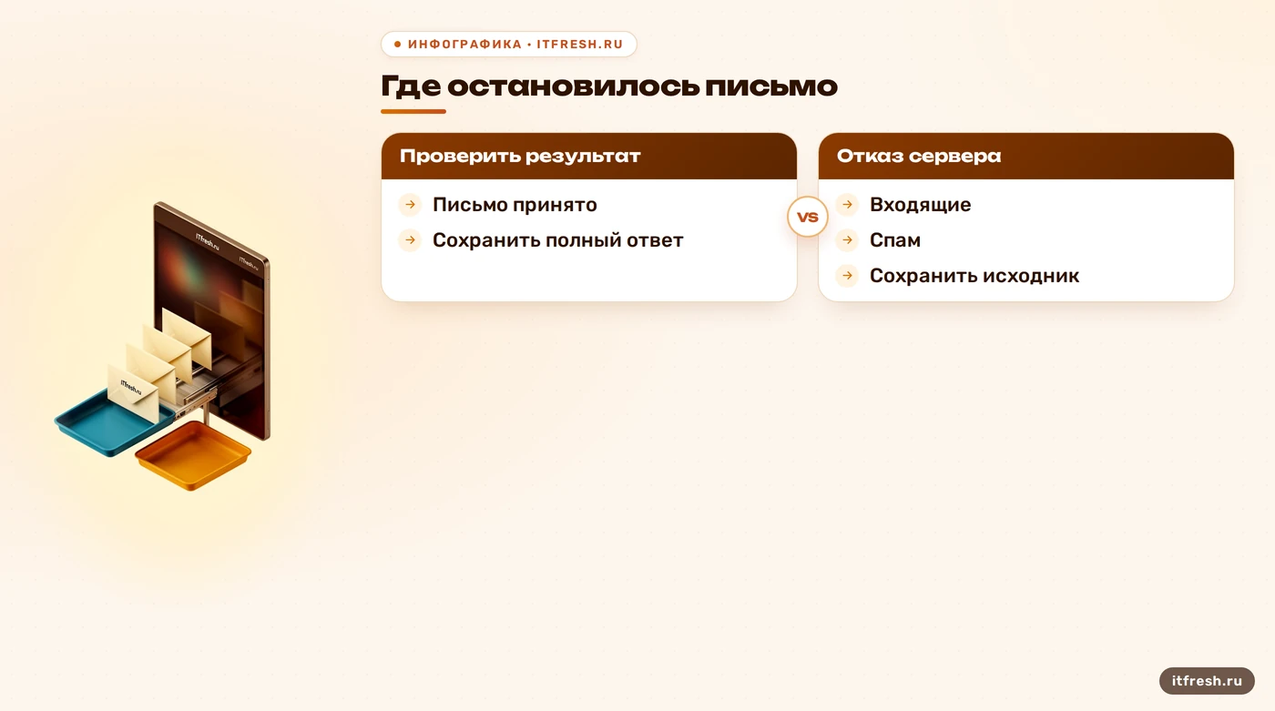 Диагностика письма у Яндекса: отказ приёма и сортировка принятого сообщения.
