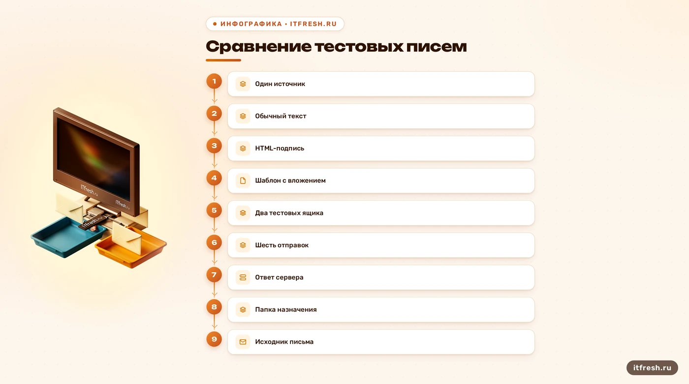 План проверки спама Яндекса: три варианта письма на два согласованных ящика.