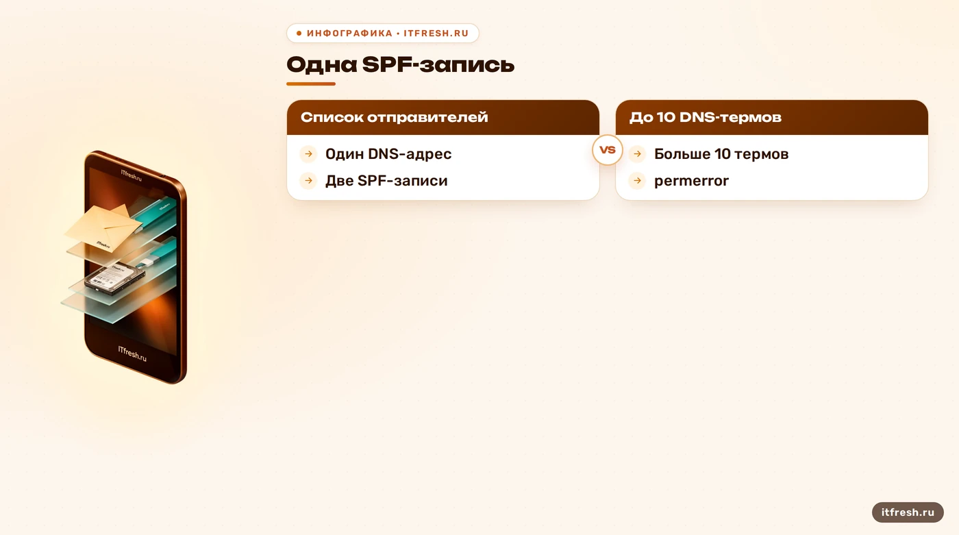 Сравнение одной SPF-записи с ошибочными дубликатами и превышением DNS-лимита