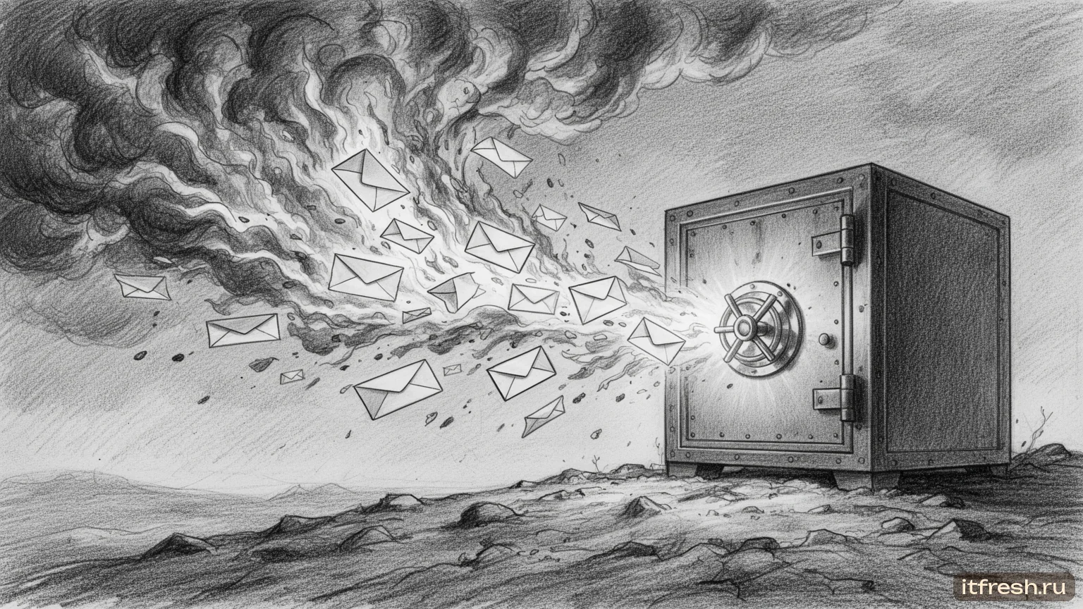 Письма уходят из горящего облака в надёжное хранилище — карандашный рисунок