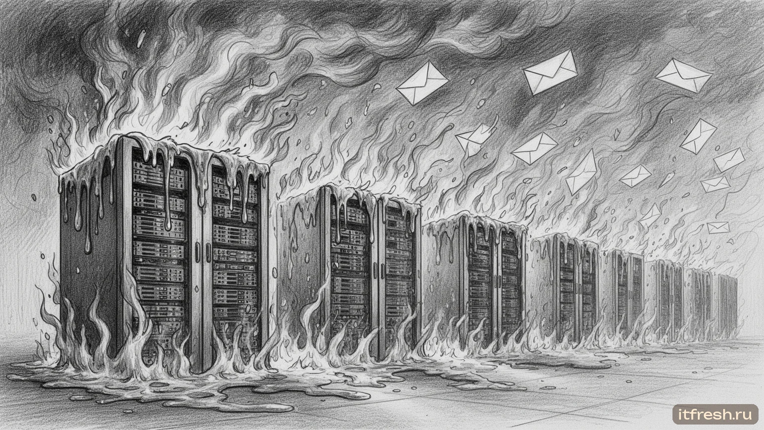 Облачный дата-центр плавится — и вместе с ним ваша переписка — карандашный рисунок