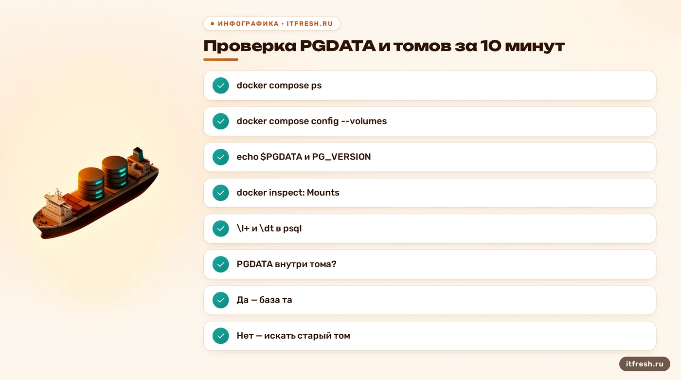 Чек-лист из пяти команд для проверки PGDATA и подключённых томов Docker при пустой базе postgres:18