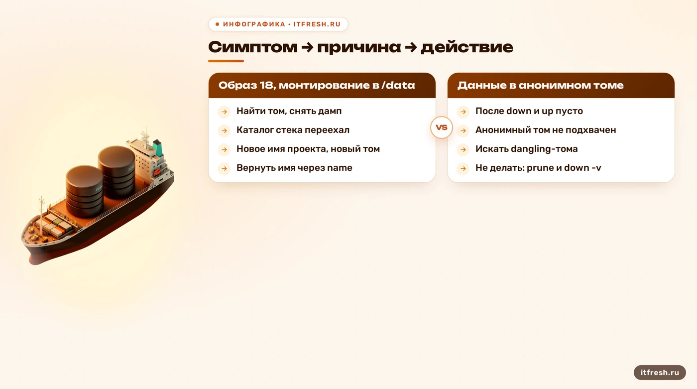 Дерево решений: симптомы пустой базы postgres:18 в Docker, причины и действия, включая имя проекта Compose