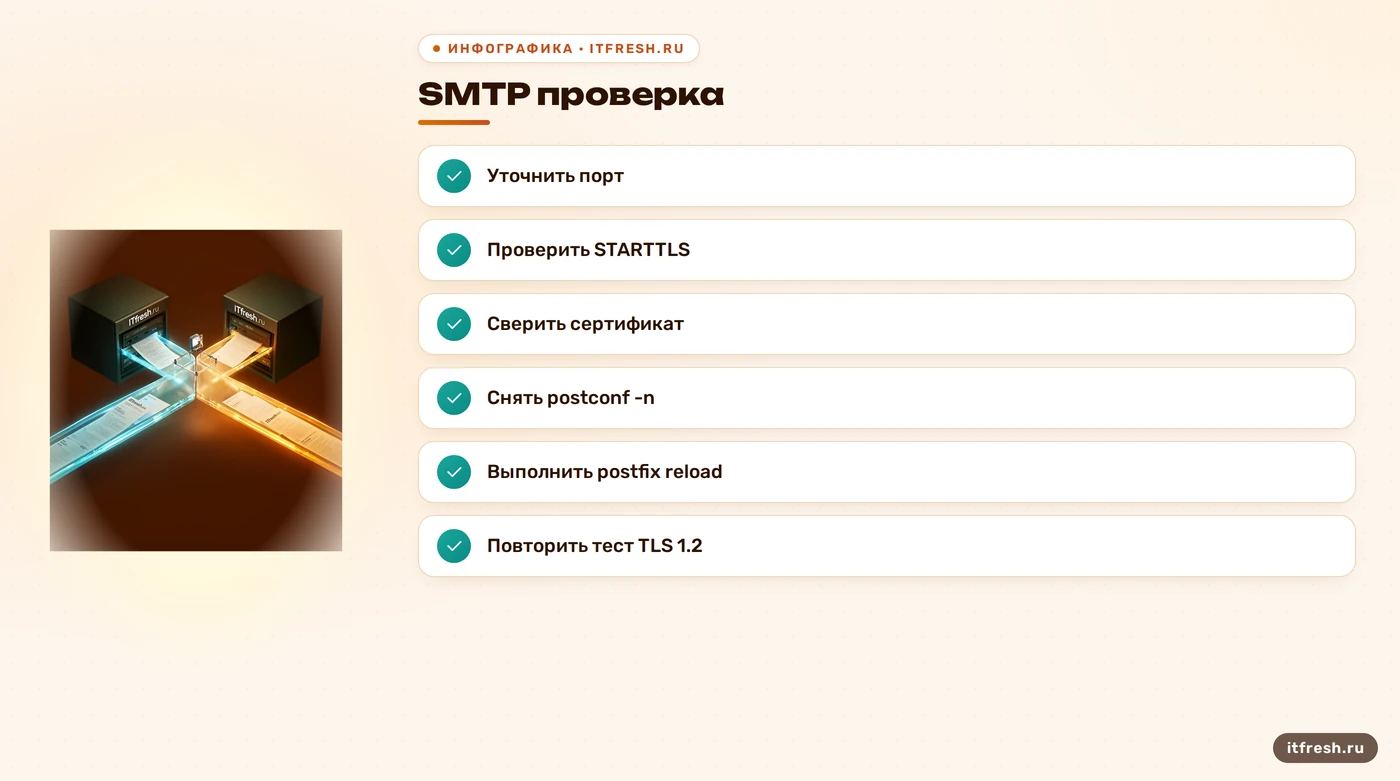 Чек-лист проверки порта, STARTTLS, сертификата и параметров Postfix