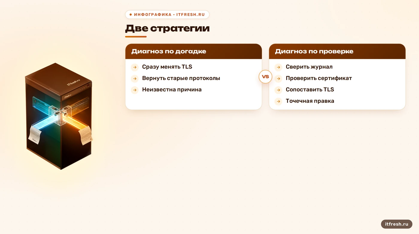 Сравнение диагностики TLS по догадке и по журналу, сертификату и параметрам