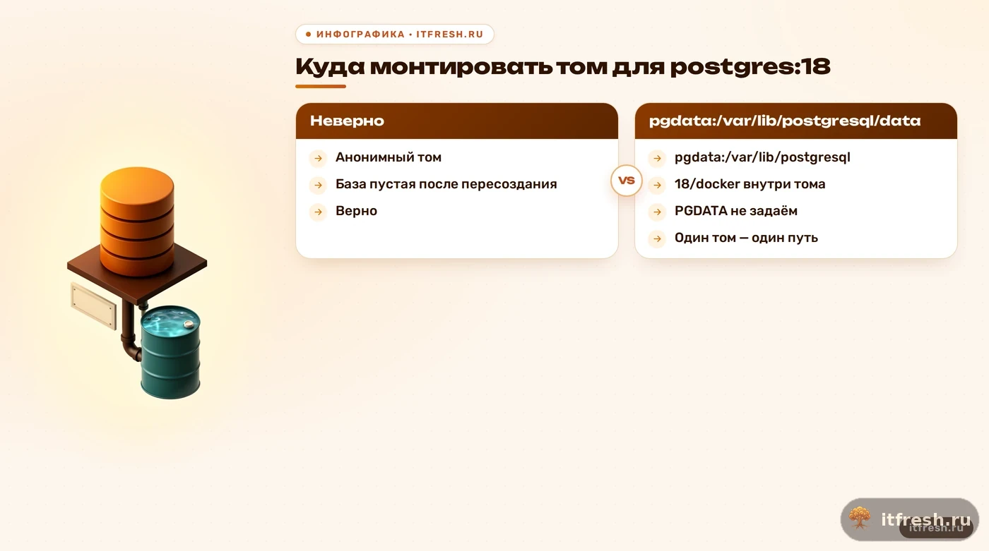 Сравнение неверного и верного монтирования тома postgres:18: старый путь /data против /var/lib/postgresql