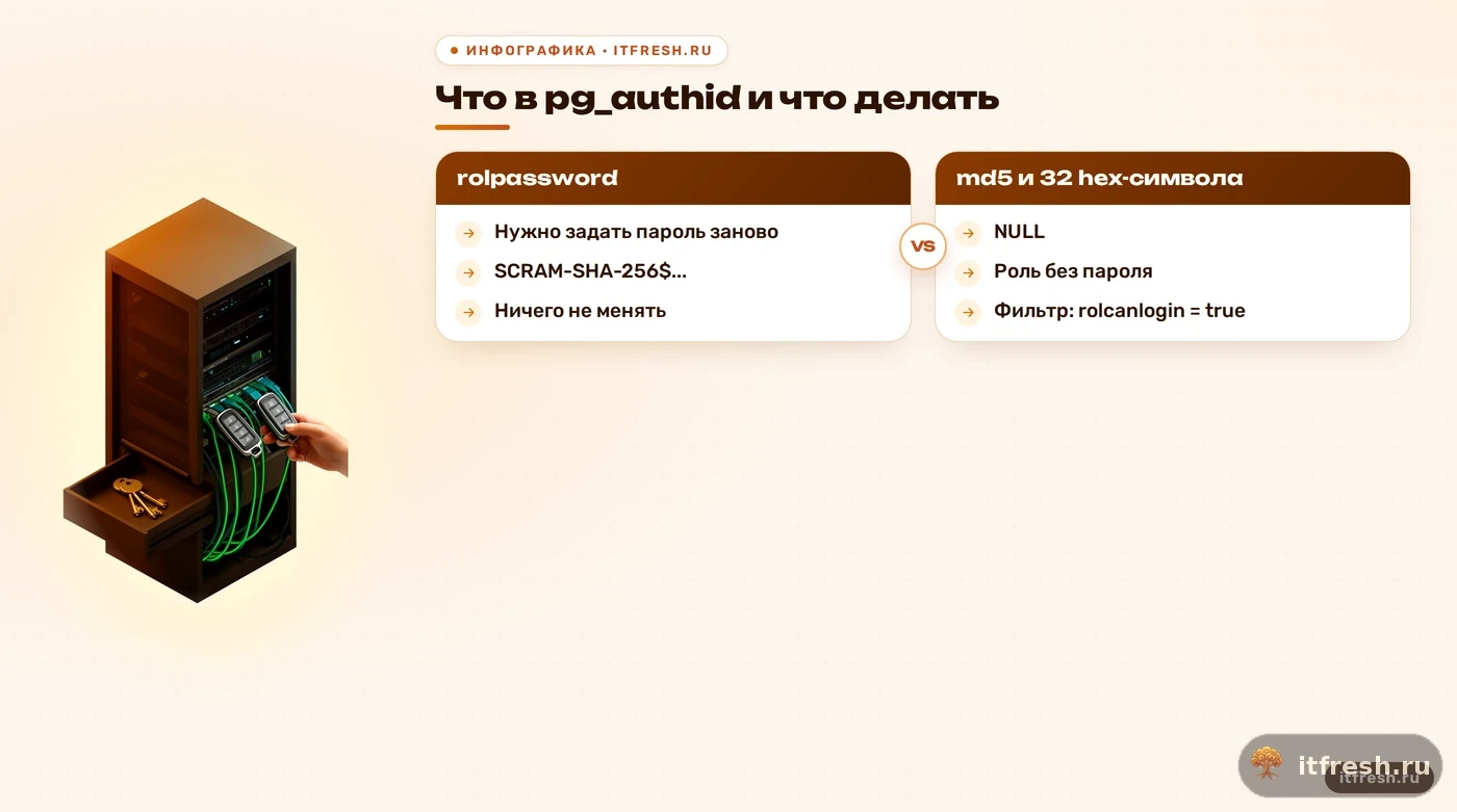 Дерево решений по значению rolpassword в pg_authid: MD5 требует нового пароля, SCRAM не трогаем