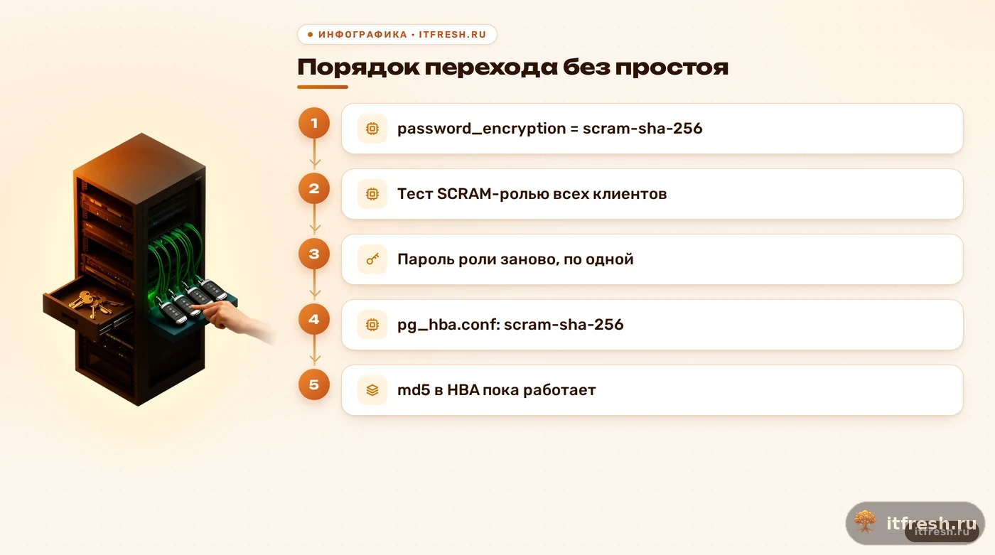 Четыре шага перехода PostgreSQL с MD5 на SCRAM: параметр, тест клиентов, пароли ролей, правка pg_hba.conf