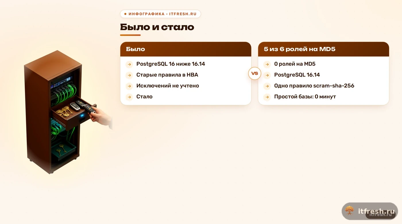 Было и стало в кейсе: 5 из 6 ролей на MD5 до перехода и 0 ролей на MD5 после перехода на SCRAM