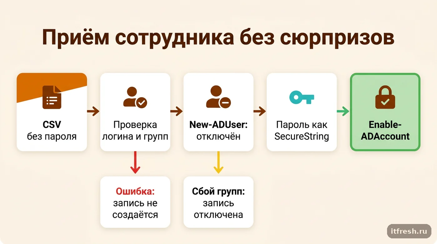 Схема создания пользователя AD через PowerShell: CSV, проверка групп, отключённая запись, пароль, включение