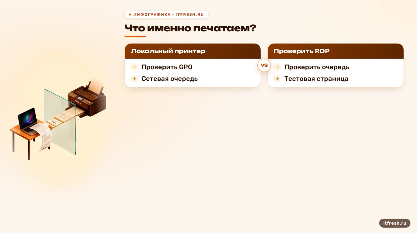 Дерево диагностики принтера в RDS: локальный редирект или сетевая очередь