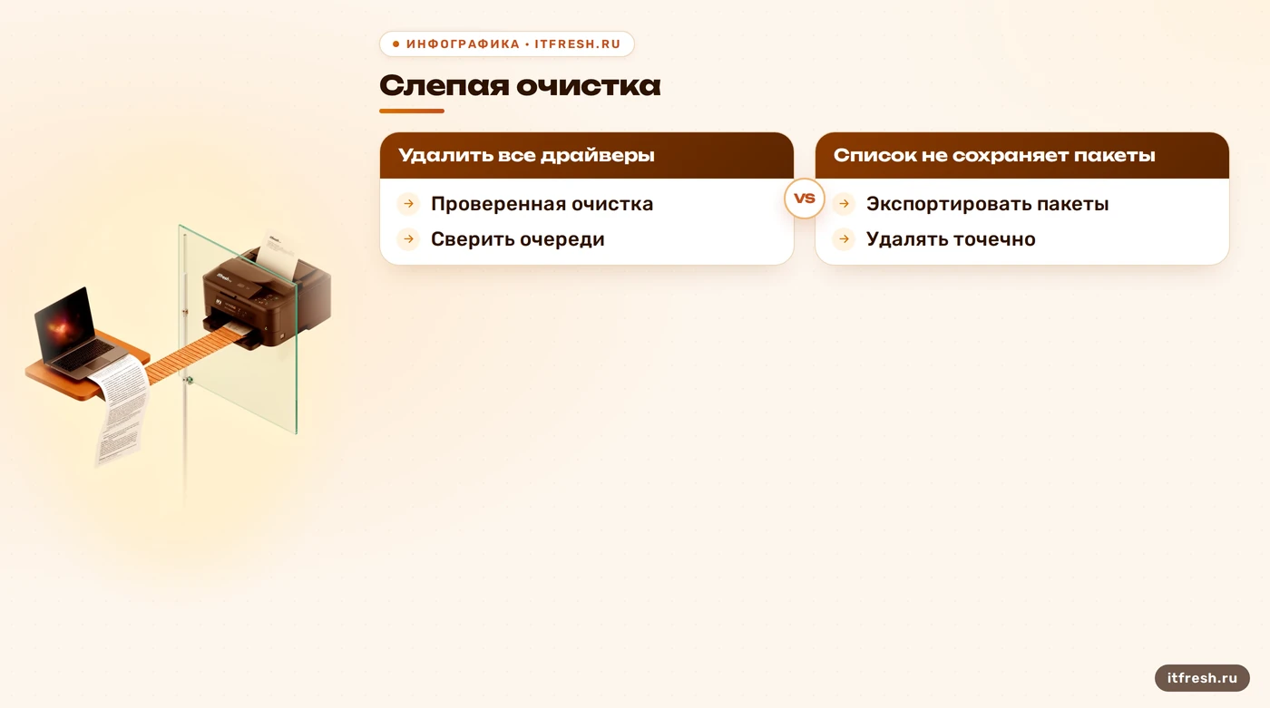 Сравнение безопасной проверки и рискованного удаления драйверов принтера в RDS