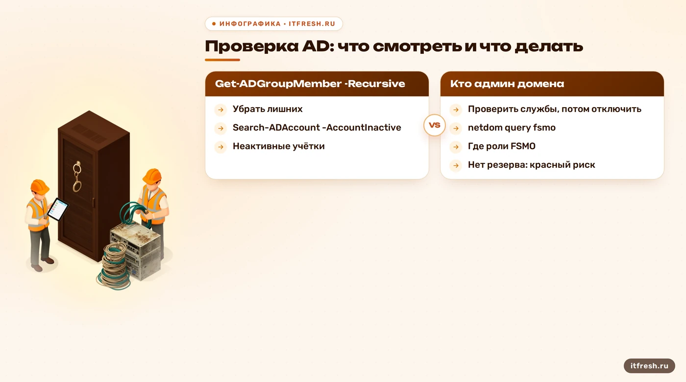 Таблица проверки Active Directory при приёмке: команда, что показывает, какое действие предпринять