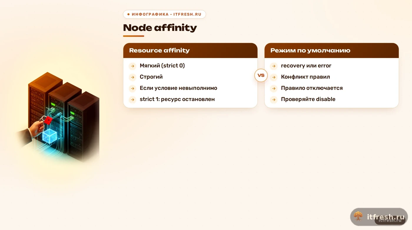 Сравнение node affinity и resource affinity в Proxmox HA: режим по умолчанию, невыполнимое условие, конфликты