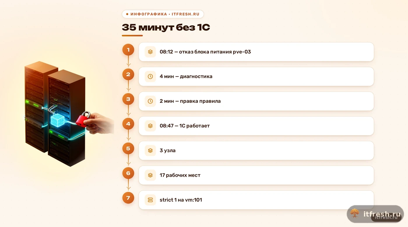 Хронология простоя 1С в кластере Proxmox HA из-за strict affinity: 35 минут, из них правка правила две минуты