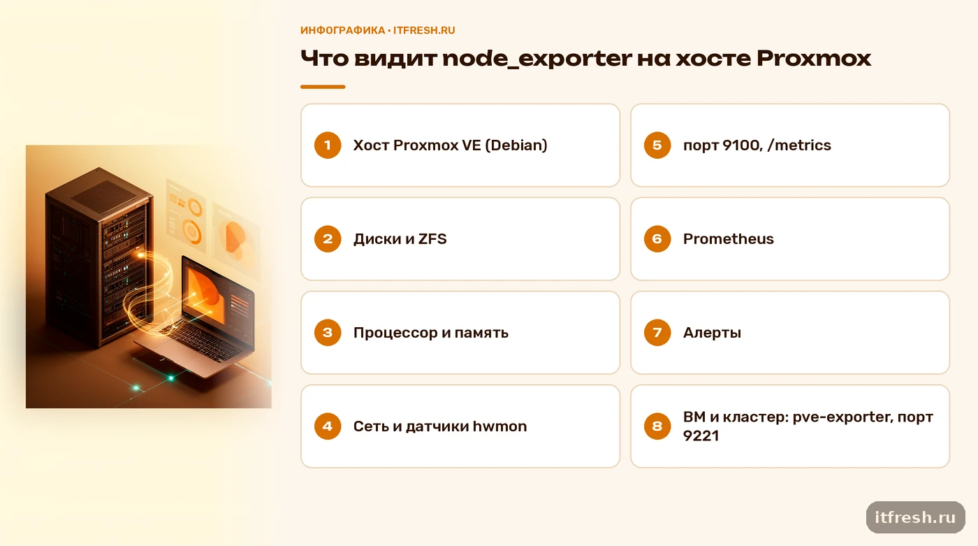Схема: node_exporter отдаёт метрики хоста Proxmox в Prometheus по порту 9100, pve-exporter добавляет данные по ВМ
