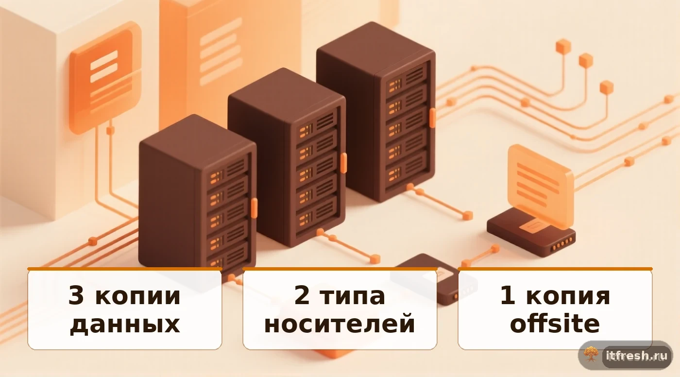 Правило 3-2-1-1-0 для бэкапа: три копии данных, два типа носителей, одна копия offsite, одна immutable, ноль ошибок при восстановлении.