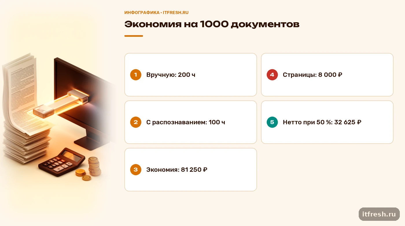 Расчёт экономии на 1000 документов: 100 часов, 81 250 рублей, нетто 32 625 рублей
