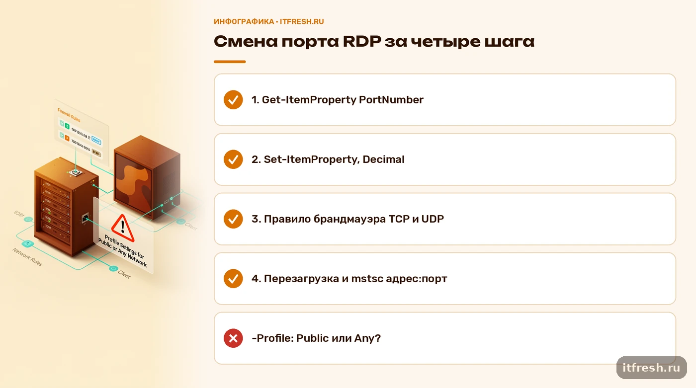 Чек-лист из четырёх шагов смены порта RDP: реестр, брандмауэр, перезагрузка, проверка
