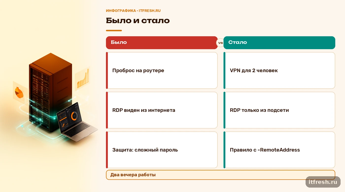 Сравнение было и стало: проброс RDP на роутере заменён на VPN и правило по подсети