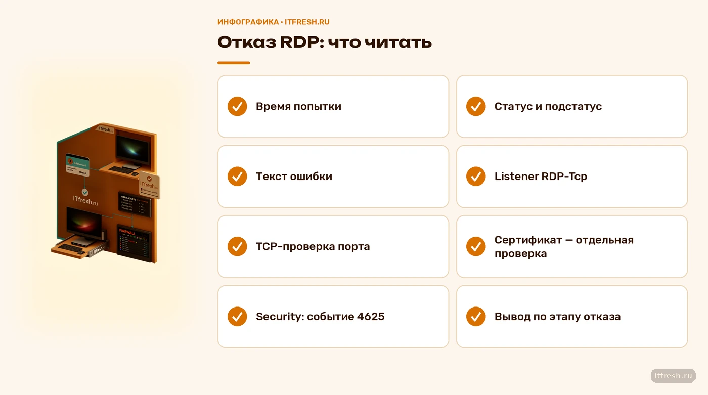 Чеклист чтения сетевой проверки, события 4625 и состояния RDP listener