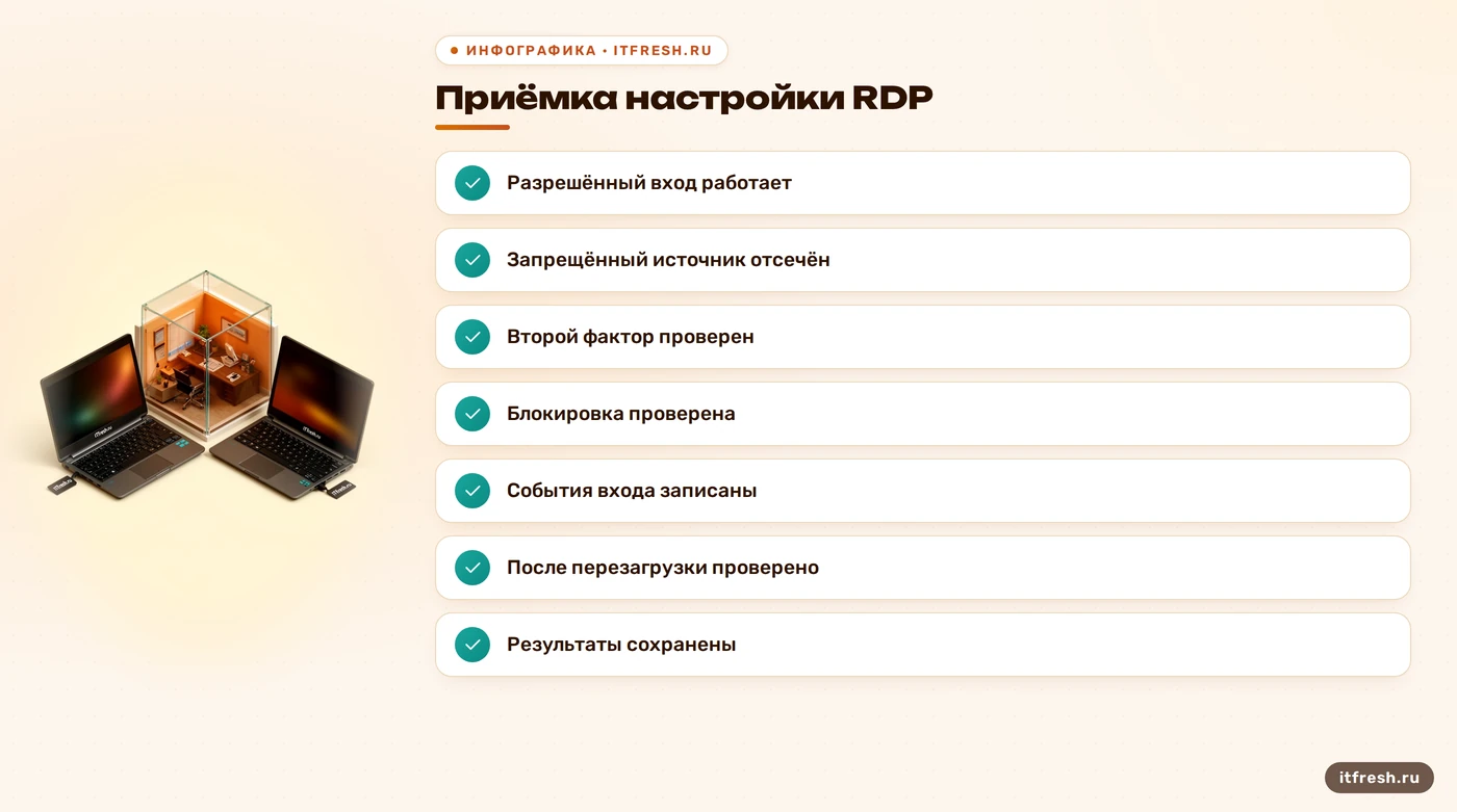 Чеклист приёмки RDP: доступ, MFA, блокировка, журналы и повторная проверка