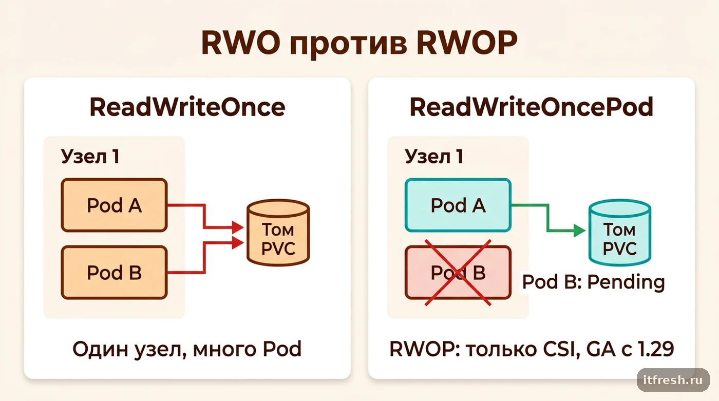 Сравнение ReadWriteOnce и ReadWriteOncePod: два Pod на одном узле против одного Pod на том