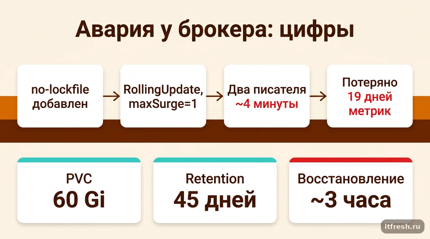 Хронология аварии Prometheus на RWO-томе: отключённый lock-файл, RollingUpdate, два писателя, потеря метрик