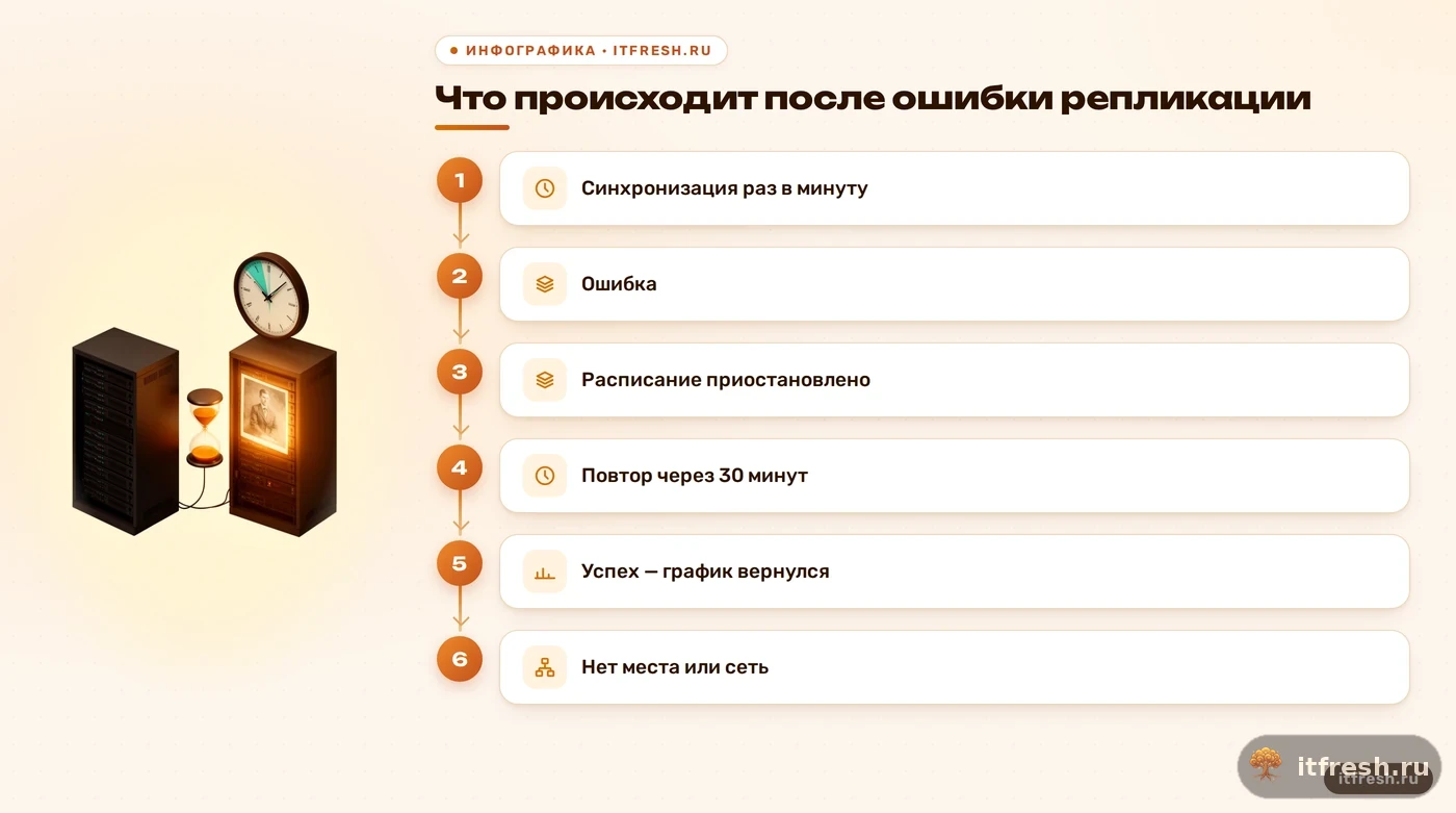 Схема: после ошибки репликации Proxmox расписание приостанавливается, повтор раз в 30 минут