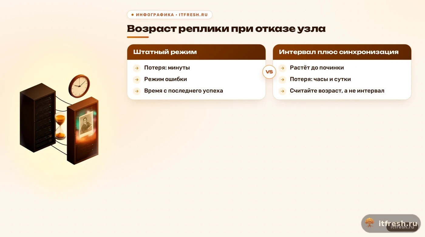 Сравнение возраста реплики Proxmox в штатном режиме и в режиме ошибки репликации