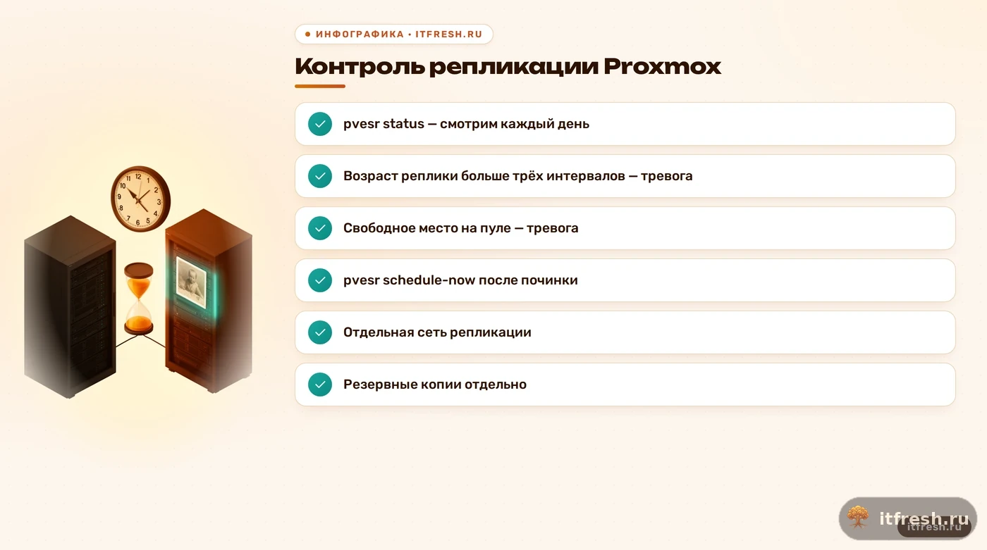 Чек-лист контроля репликации Proxmox: статус заданий, возраст реплики, место на пуле