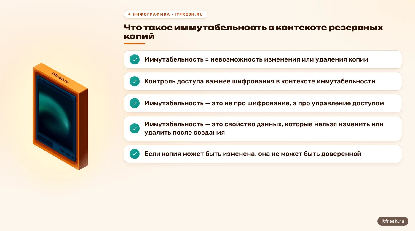 Что такое иммутабельность в контексте резервных копий: Иммутабельность = невозможность изменения или удаления копии