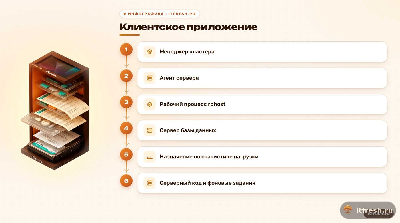 Схема ролей rphost, ragent и rmngr в кластере 1С