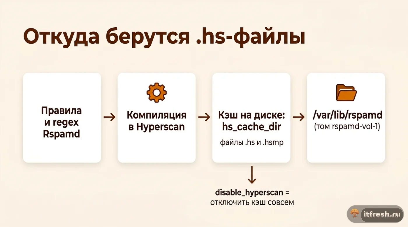 Схема прохождения правил Rspamd через компиляцию Hyperscan в дисковый кэш /var/lib/rspamd