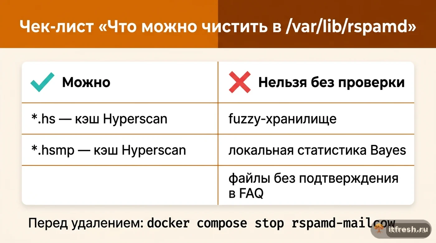 Чек-лист безопасной и небезопасной для удаления части содержимого каталога /var/lib/rspamd в mailcow