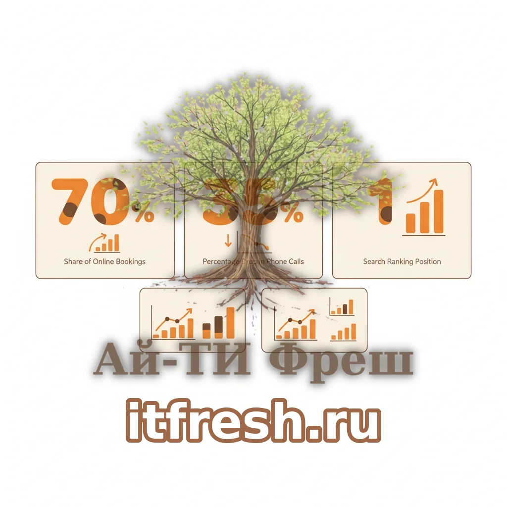 Инфографика результатов через два месяца: три крупных показателя оранжевыми цифрами — доля онлайн-записей, снижение звонков, позиции в поиске, мини-графики роста на бежевом дашборде