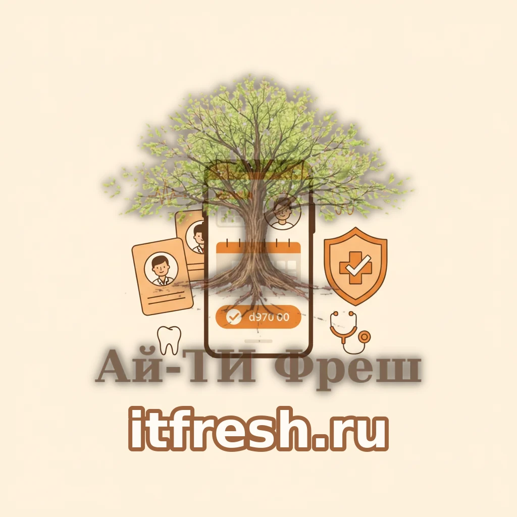 Сайт частной клиники на WordPress в тёплой палитре: смартфон со страницей онлайн-записи с календарём и аватаром врача, оранжевая кнопка «Записаться», карточки врачей и щит с крестом-галочкой 152-ФЗ