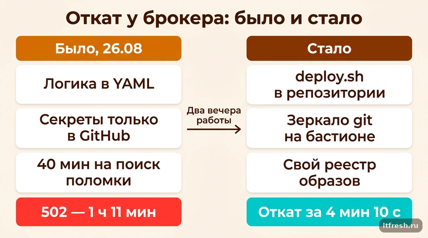Сравнение аварийного отката до и после: 1 ч 11 мин простоя против 4 минут через deploy.sh и зеркало git