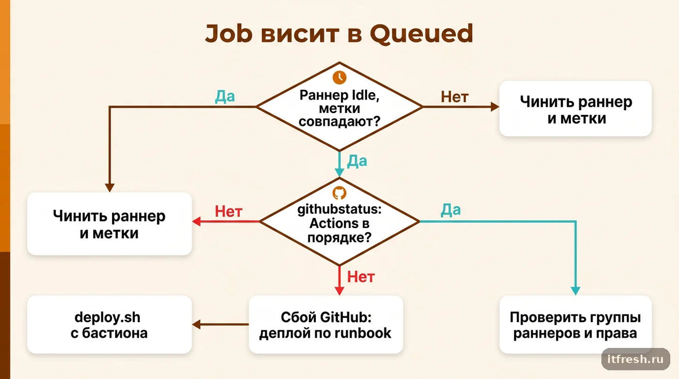 Дерево решений при job в Queued у self-hosted runner: проверка раннера, статуса GitHub и переход на аварийный деплой