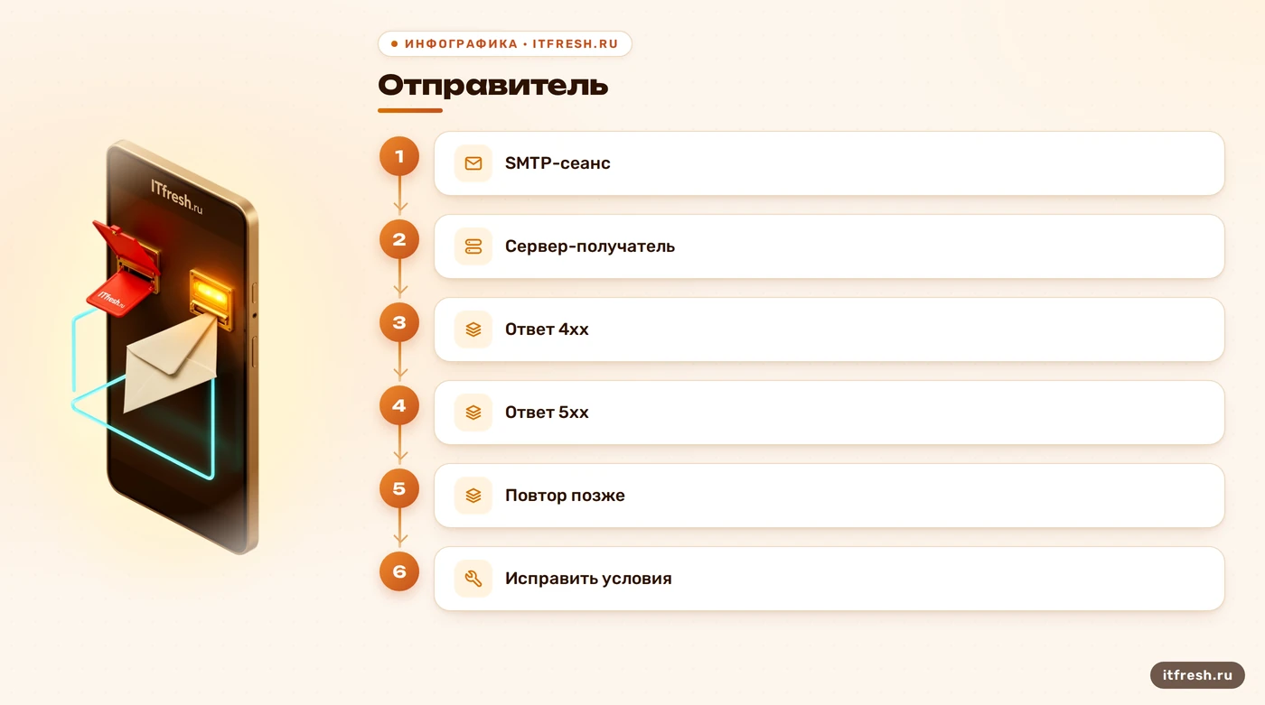 Схема SMTP с временным ответом 4xx и отказом 5xx