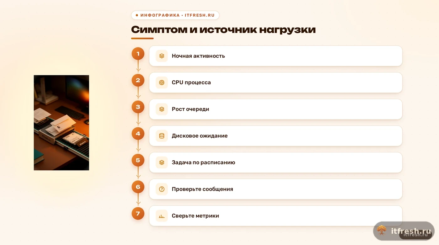 Схема диагностики ночной нагрузки CPU на почтовом сервере