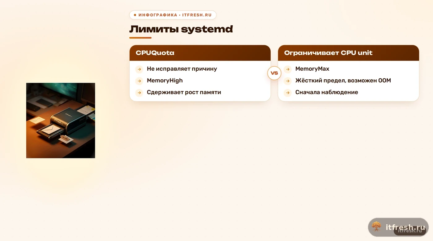 Сравнение лимитов CPUQuota и памяти systemd для почтового сервера