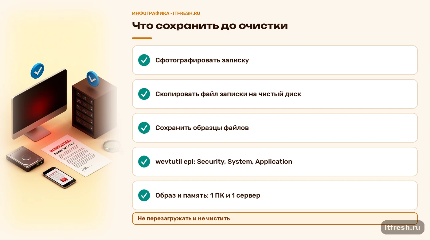 Чек-лист сохранения улик после заражения шифровальщиком: записка, образцы файлов, журналы wevtutil, образ и память
