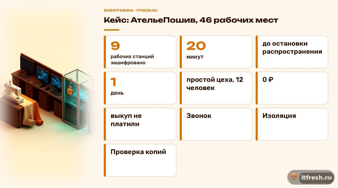 Итоги кейса шифровальщика на пошивочном предприятии на 46 рабочих мест: сроки, затронутые станции, простой